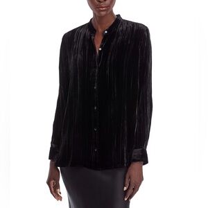 Eileen Fisher Crushed Velvet Mandarin Collar Button Shirt Black XXS NEW